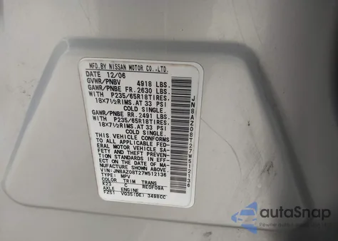 2007 Nissan Murano Sl z USA, uszkodzony, nr VIN JN8AZ08T27W512136